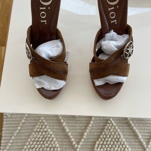 Dior Brown Suede Love Peace Wooden Platform Sandals Heels